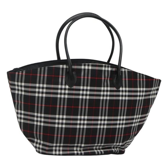 Burberrys Nova Check Blue Label Tote Bag Nylon Black Silver Auth kk486 - Picture 1 of 16